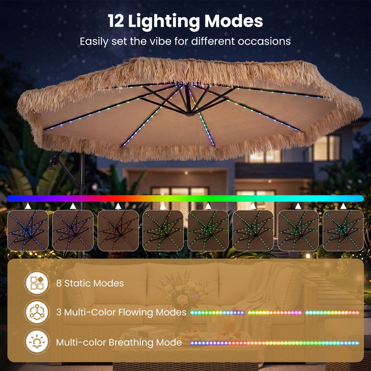 10 FT Solar Thatched Cantilever Umbrella with 112 Multi-color Flowing