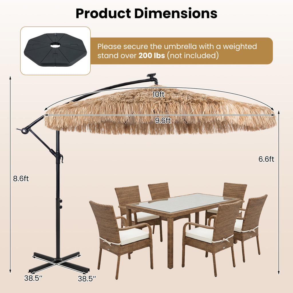 10 FT Solar Thatched Cantilever Umbrella with 112 Multi-color Flowing