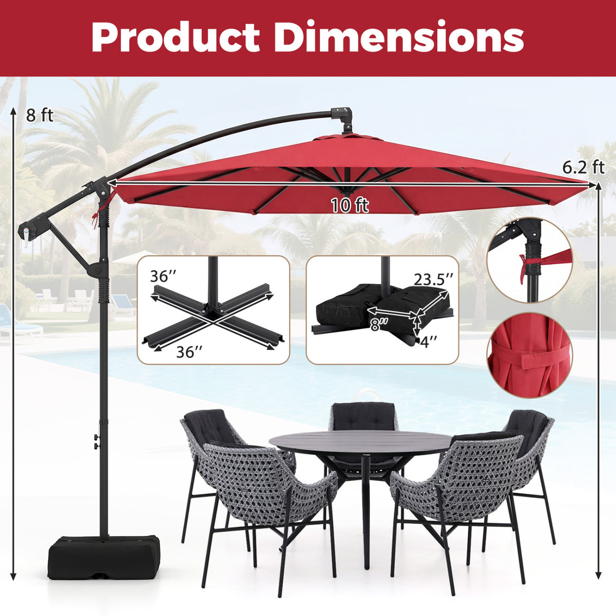 10x8.5 Ft Cantilever Patio Umbrella with Base - Red