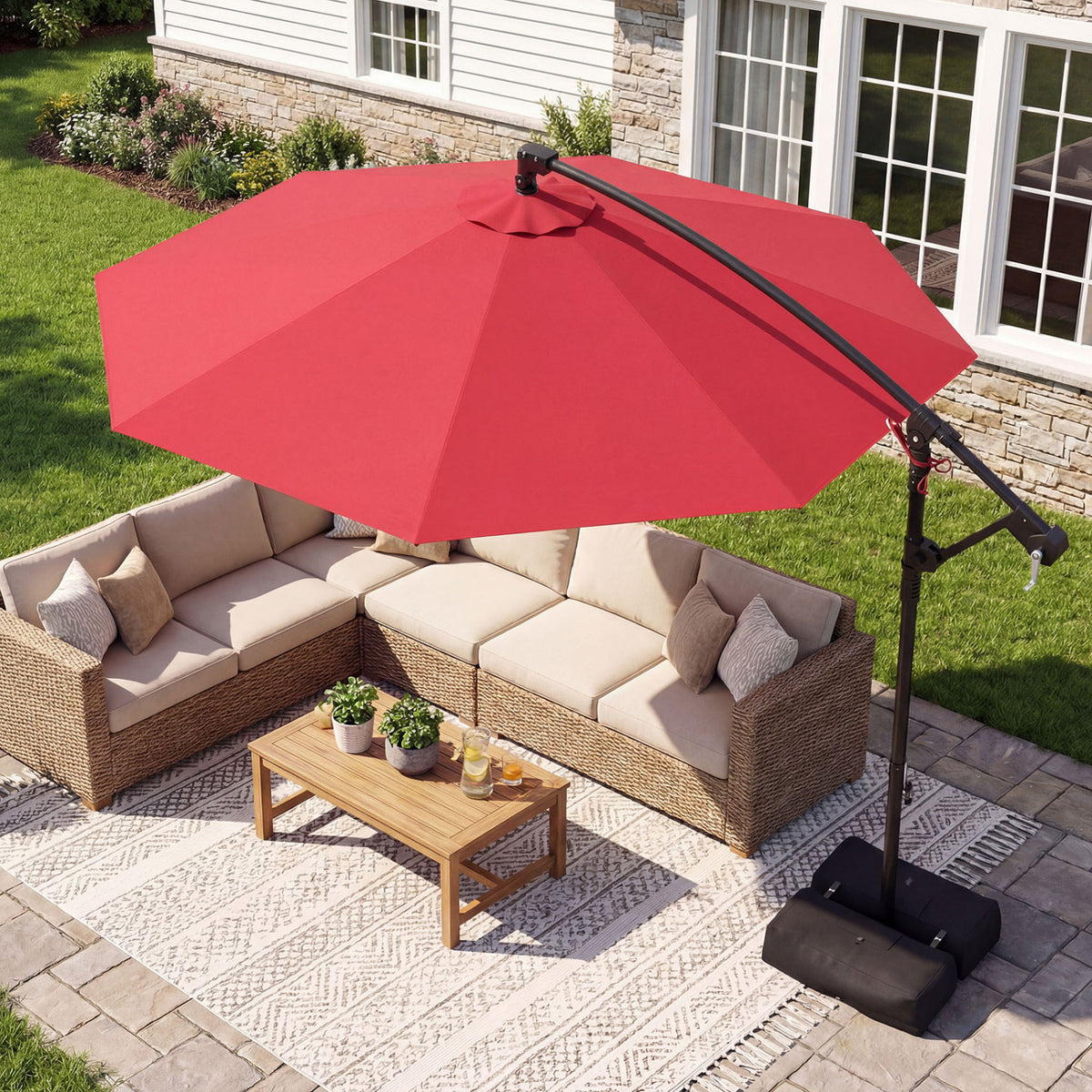10x8.5 Ft Cantilever Patio Umbrella with Base - Red