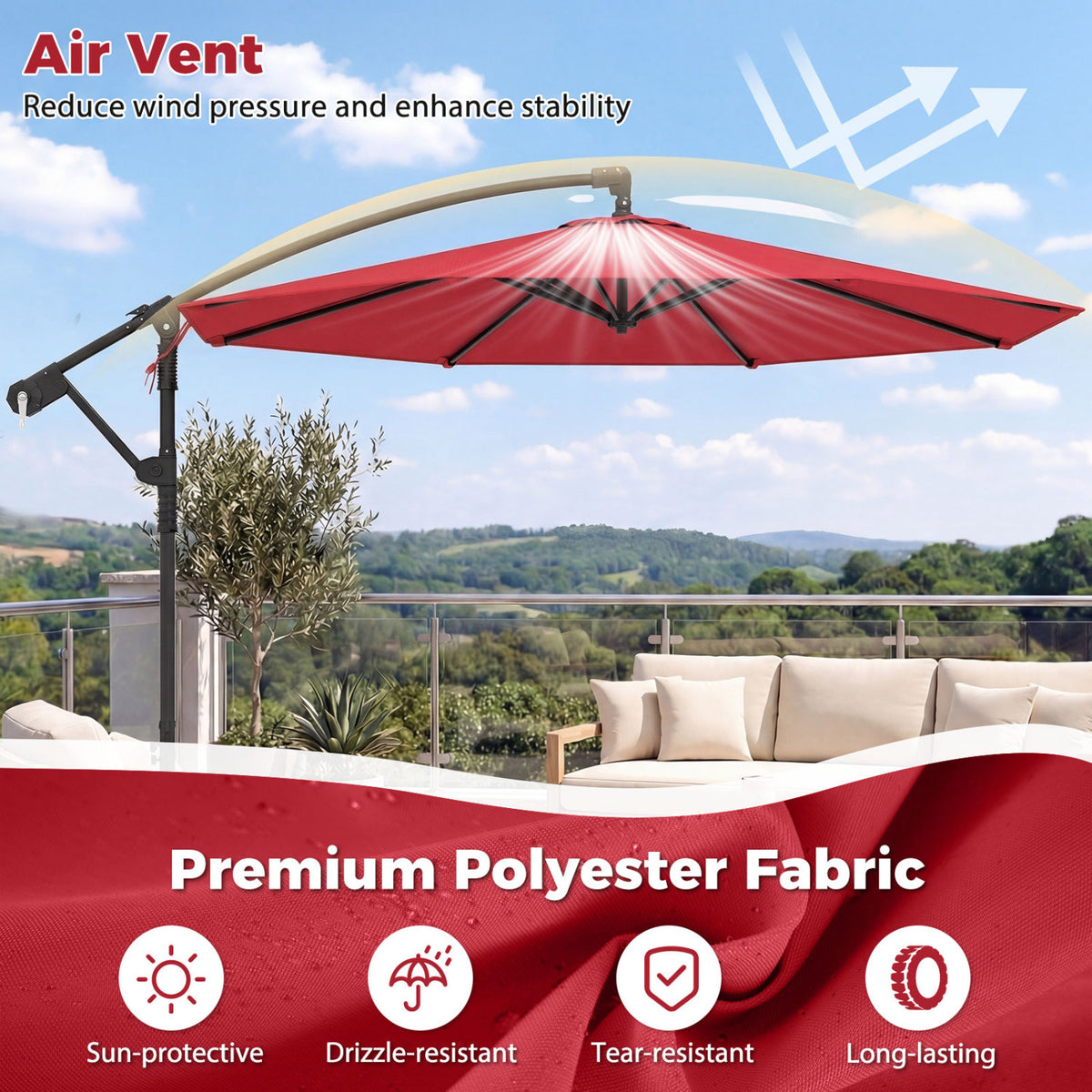10x8.5 Ft Cantilever Patio Umbrella with Base - Red