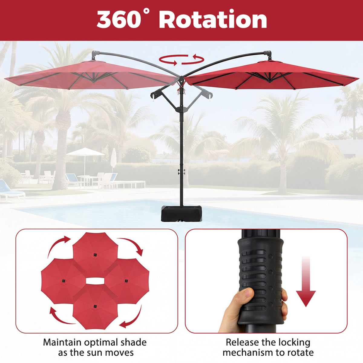 10x8.5 Ft Cantilever Patio Umbrella with Base - Red