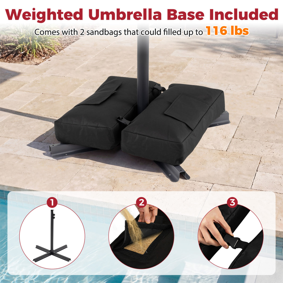 10x8.5 Ft Cantilever Patio Umbrella with Base - Red