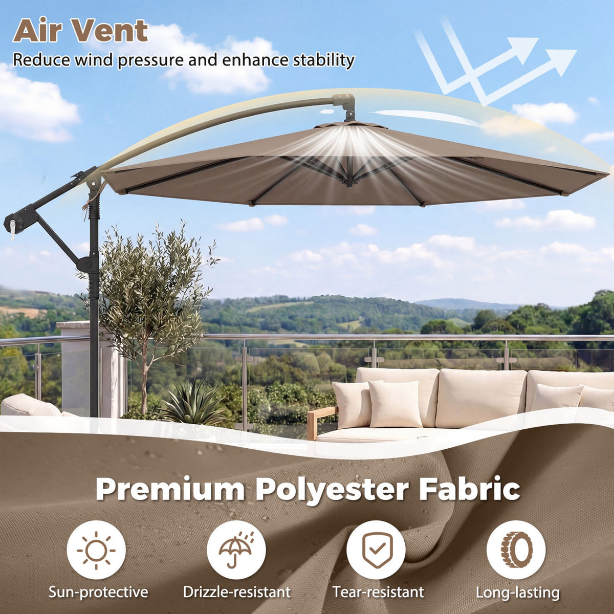 10 Feet Offset Hanging Umbrella with Base Patio Cantilever Tilt
