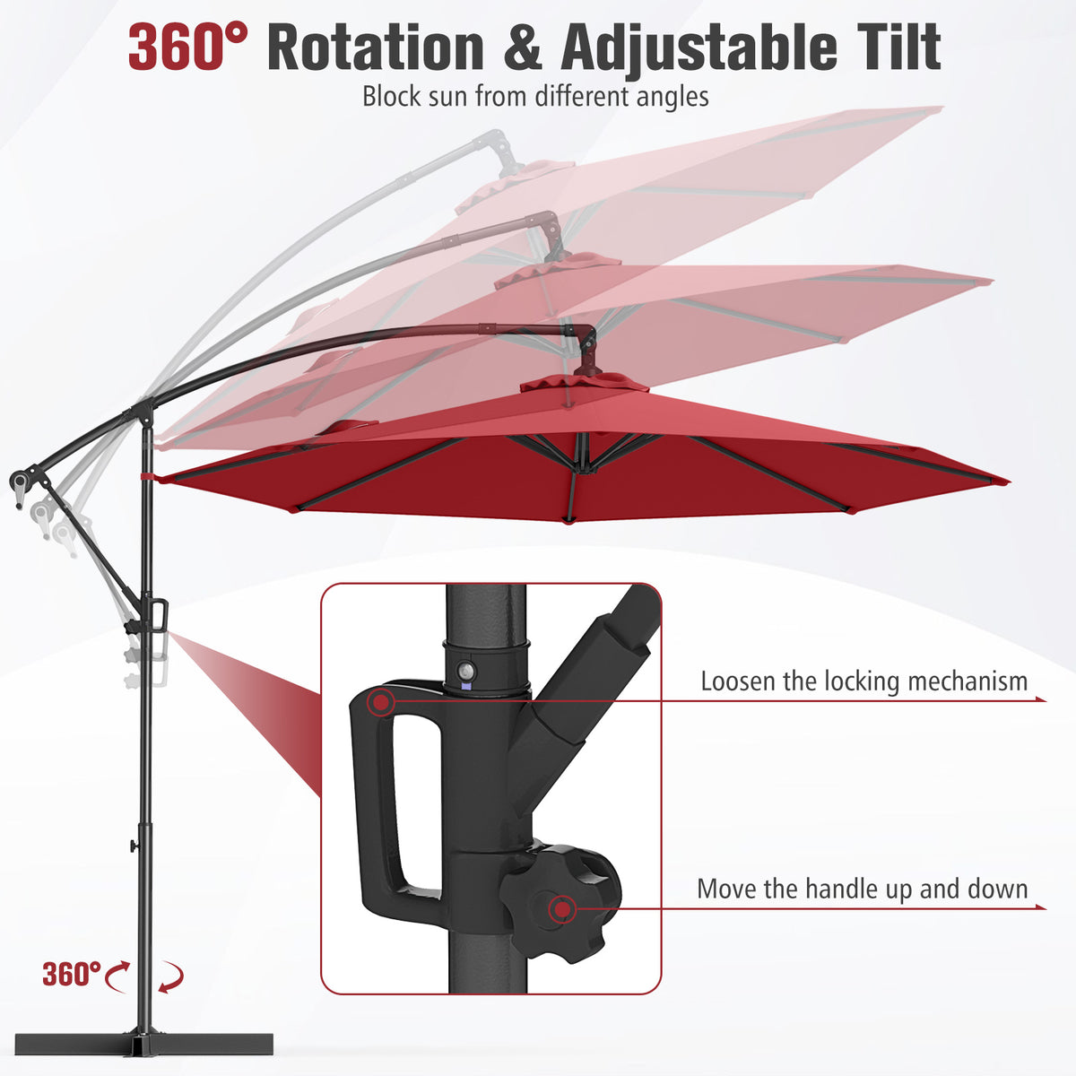 10 x 8 Feet Cantilever Umbrella with 360° Rotation - Wine