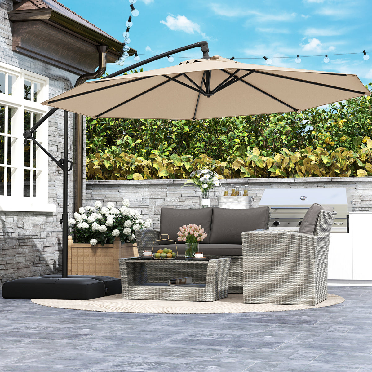 10 Feet Offset Hanging Umbrella with Base Patio Cantilever Tilt