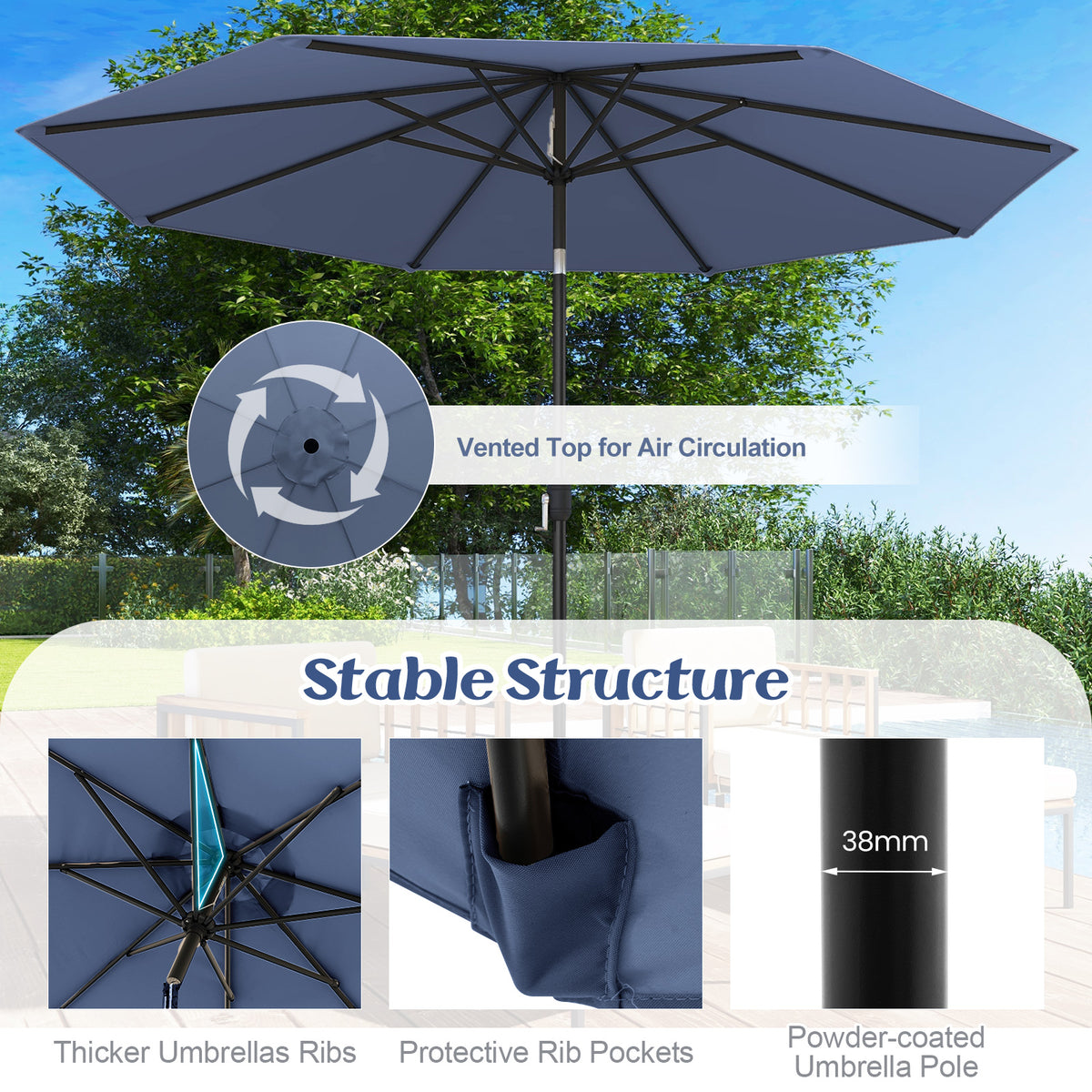 10x8.2 Feet Patio Umbrella with Tilt & Crank - Navy