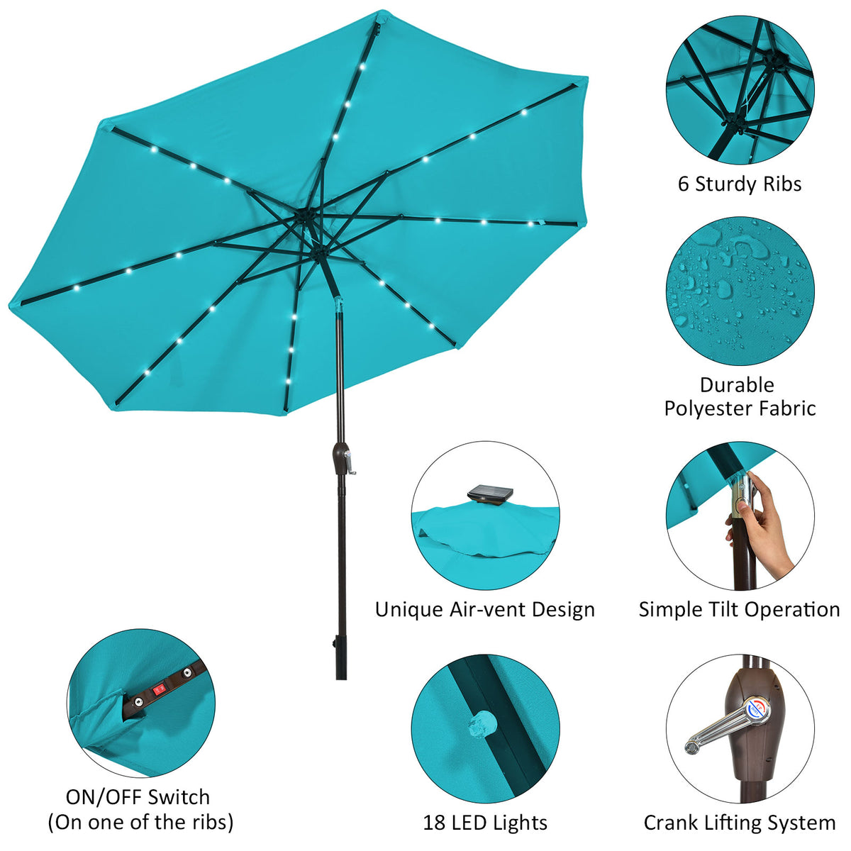 10 FT Patio Umbrella with 24 Solar LED Lights - Turquoise