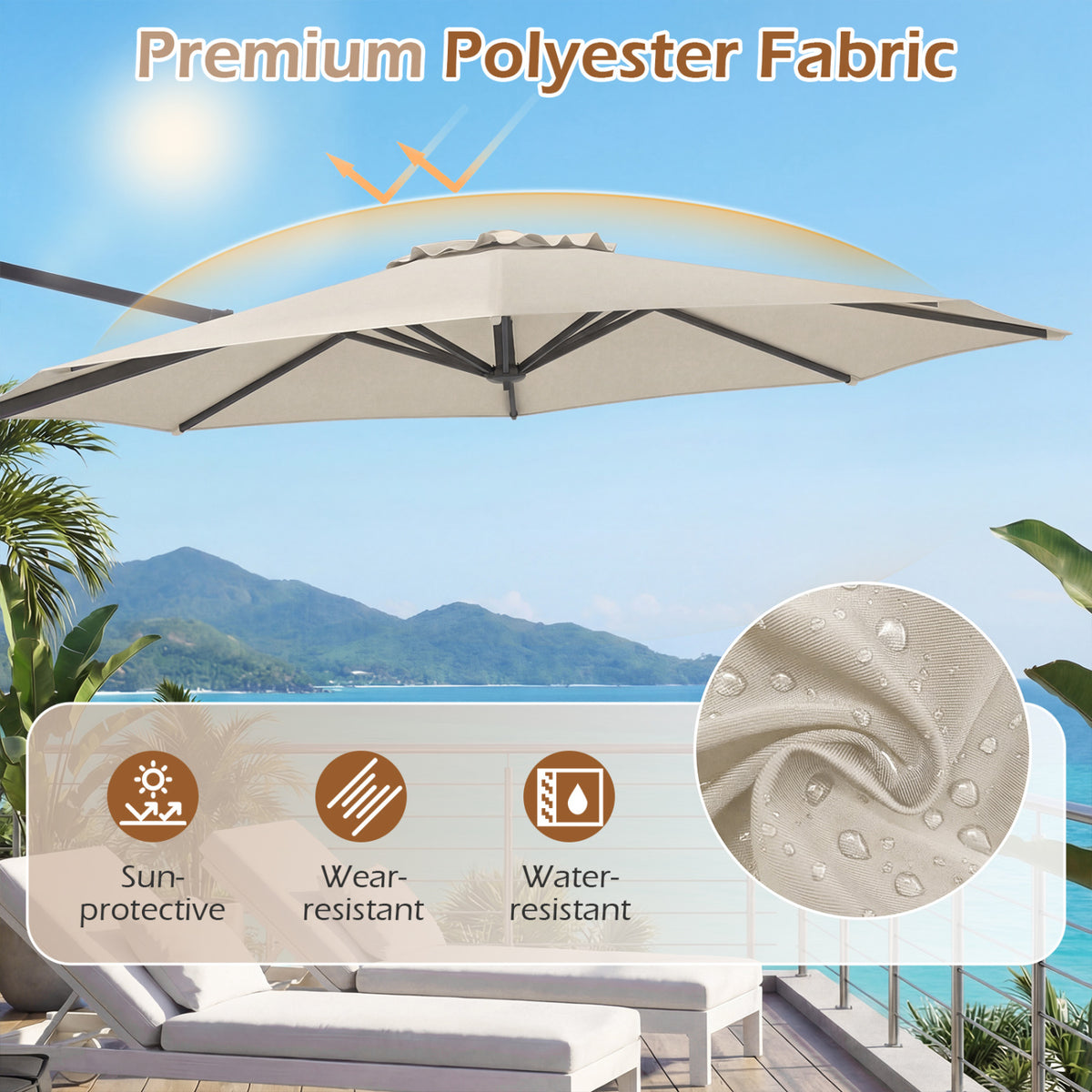 10 Feet Cantilever Umbrella with Tilt, Beige - 8 Metal Ribs