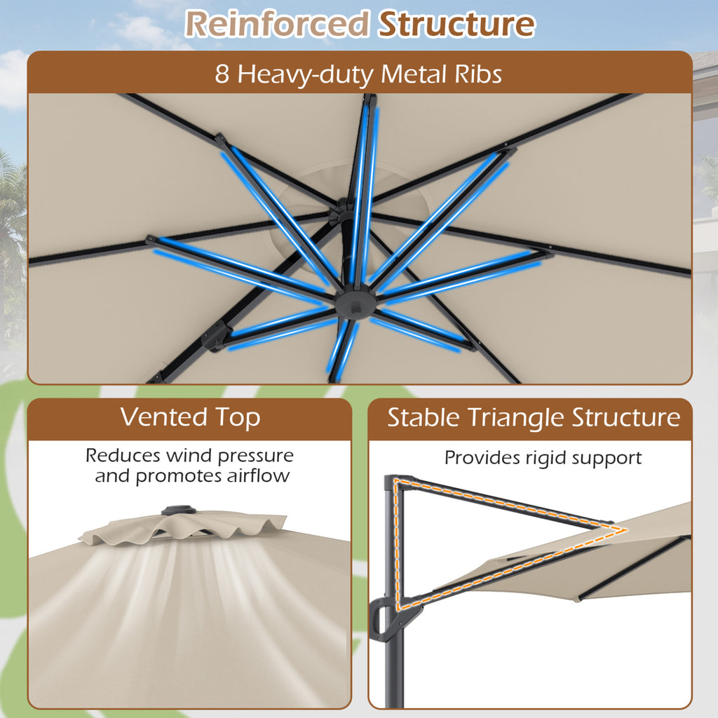 10 Feet Cantilever Umbrella with Tilt, Beige - 8 Metal Ribs