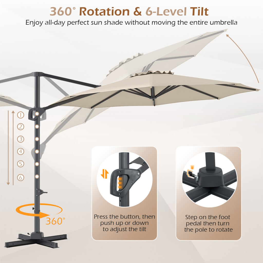 10 Feet Cantilever Umbrella with Tilt, Beige - 8 Metal Ribs