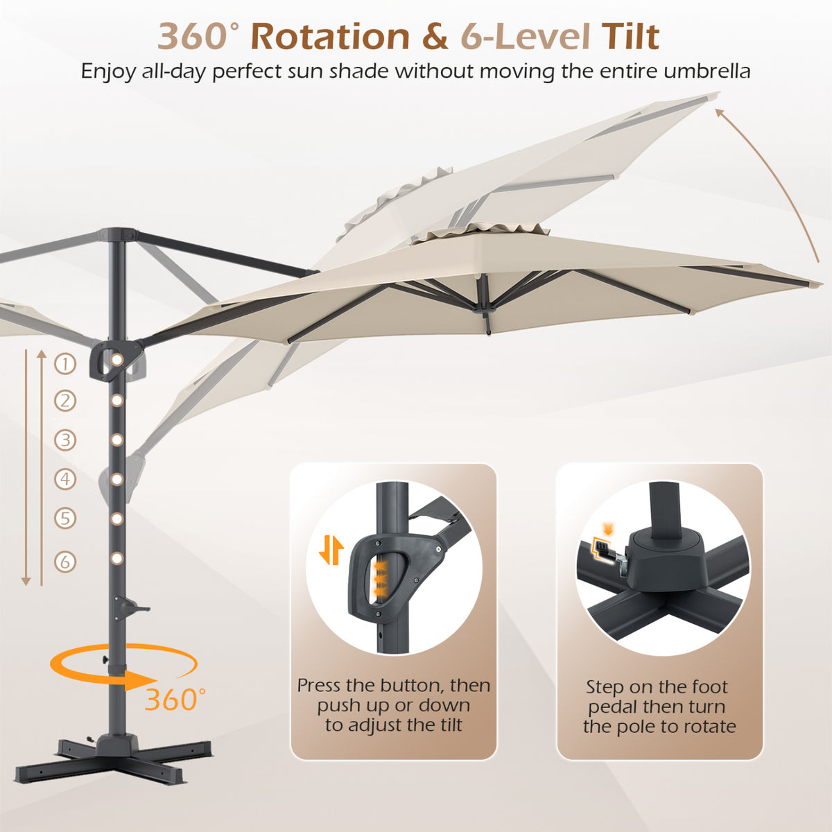 10 Feet Cantilever Umbrella with Tilt, Beige - 8 Metal Ribs