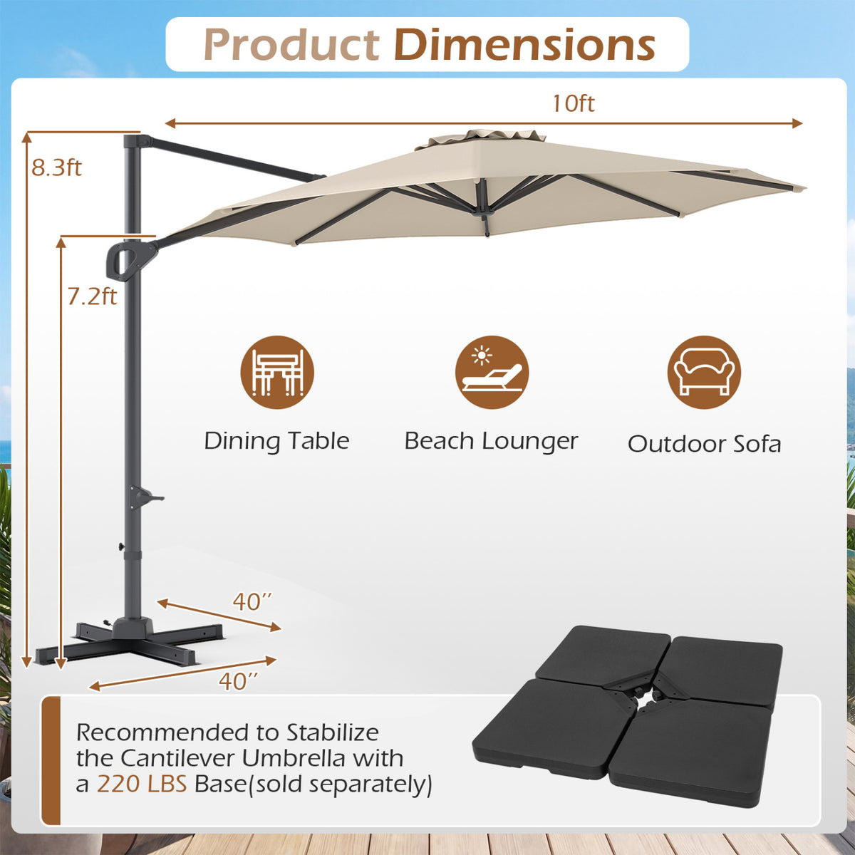 10 Feet Cantilever Umbrella with Tilt, Beige - 8 Metal Ribs