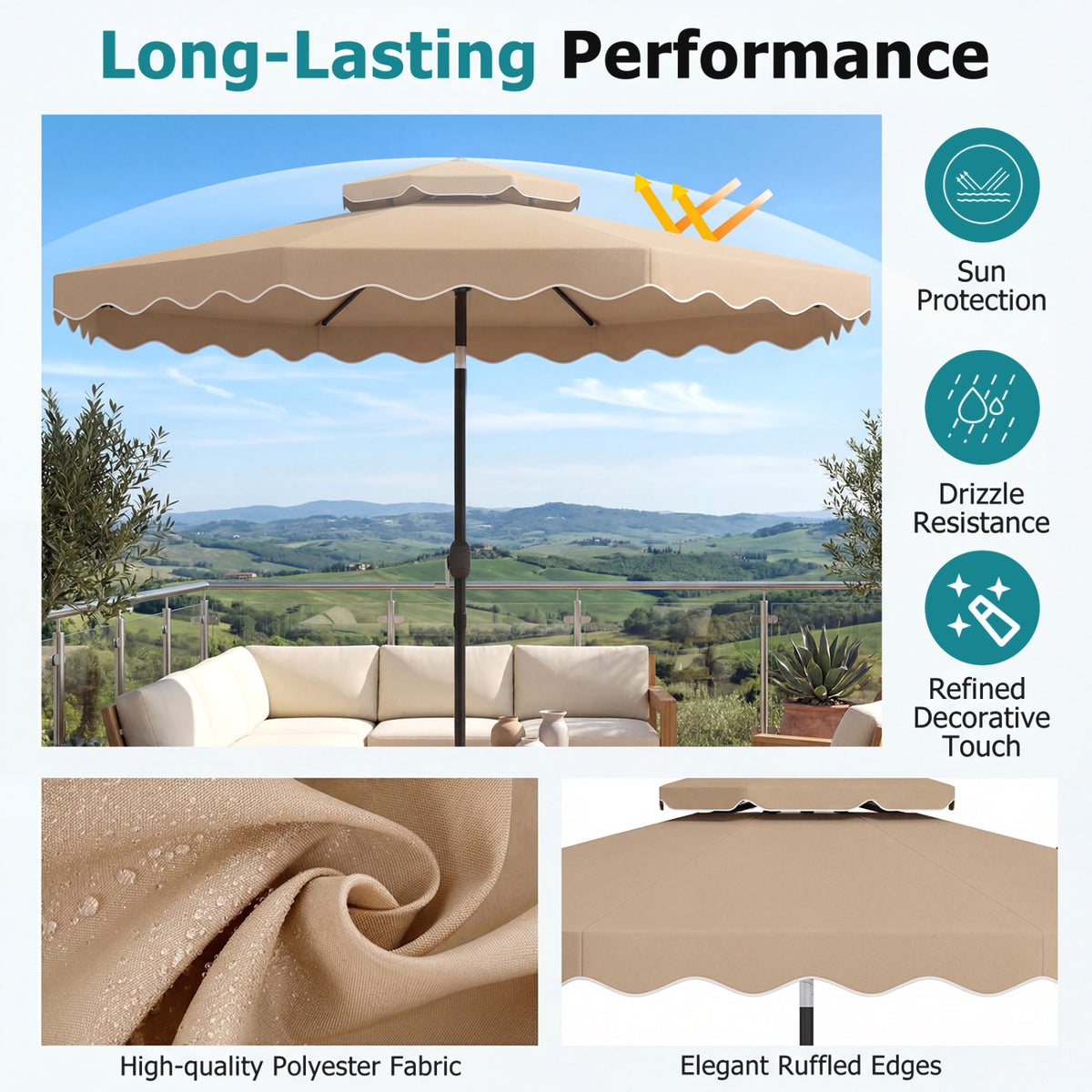 10 Ft Patio Umbrella with Push Button Tilt & Crank - Coffee