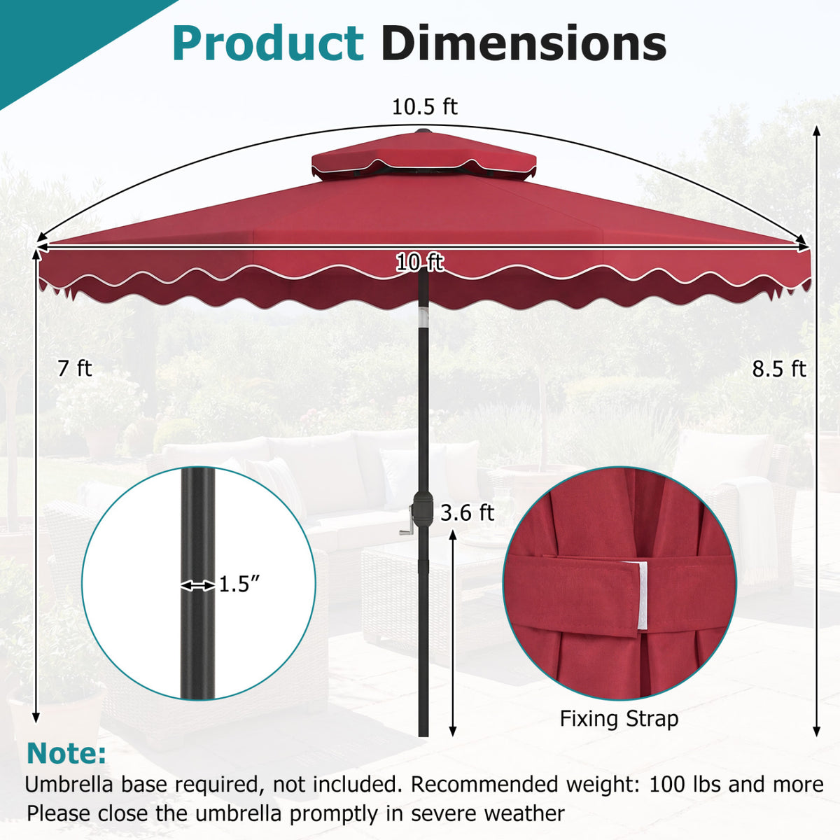 10 Feet Patio Umbrella with Push Button Tilt and Crank - Wine