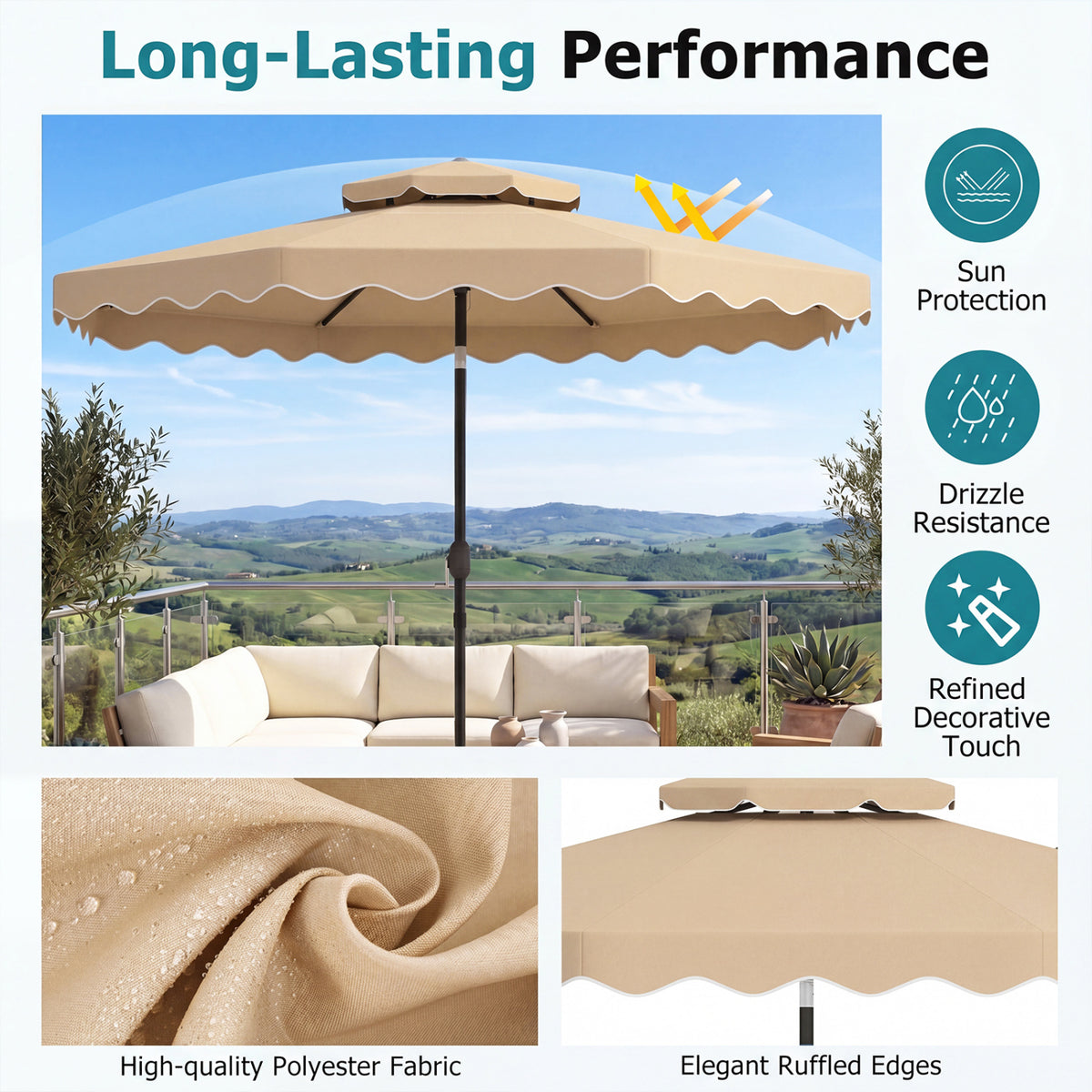 10 Ft Patio Umbrella with Push Button Tilt & Crank - Beige