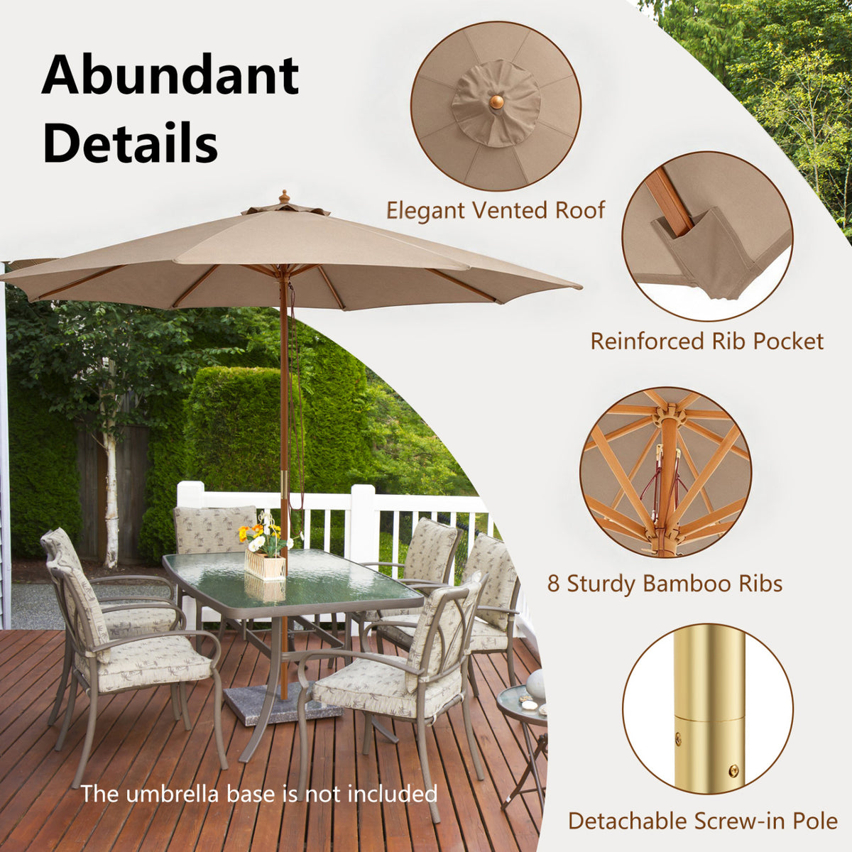 10 Ft Patio Umbrella with Wooden Ribs & Adjustable Height - Brown
