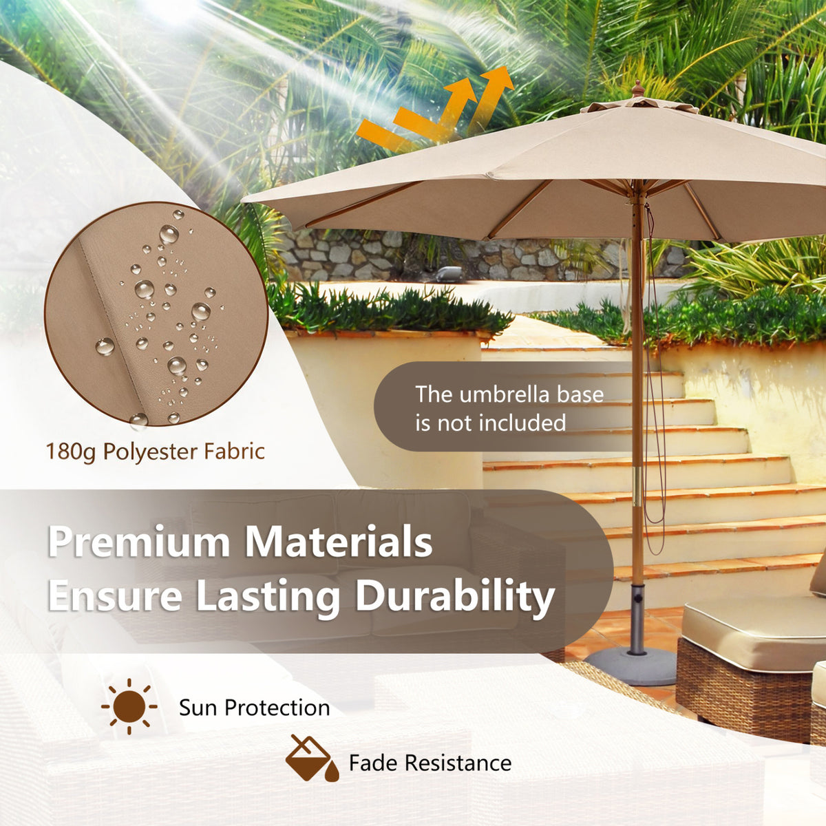 10 Ft Patio Umbrella with Wooden Ribs & Adjustable Height - Brown