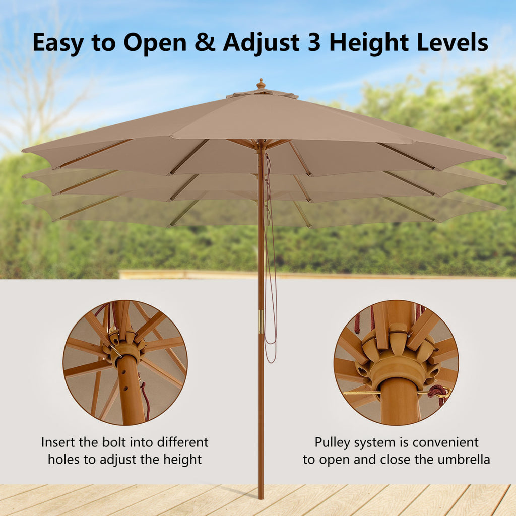 10 Ft Patio Umbrella with Wooden Ribs & Adjustable Height - Brown