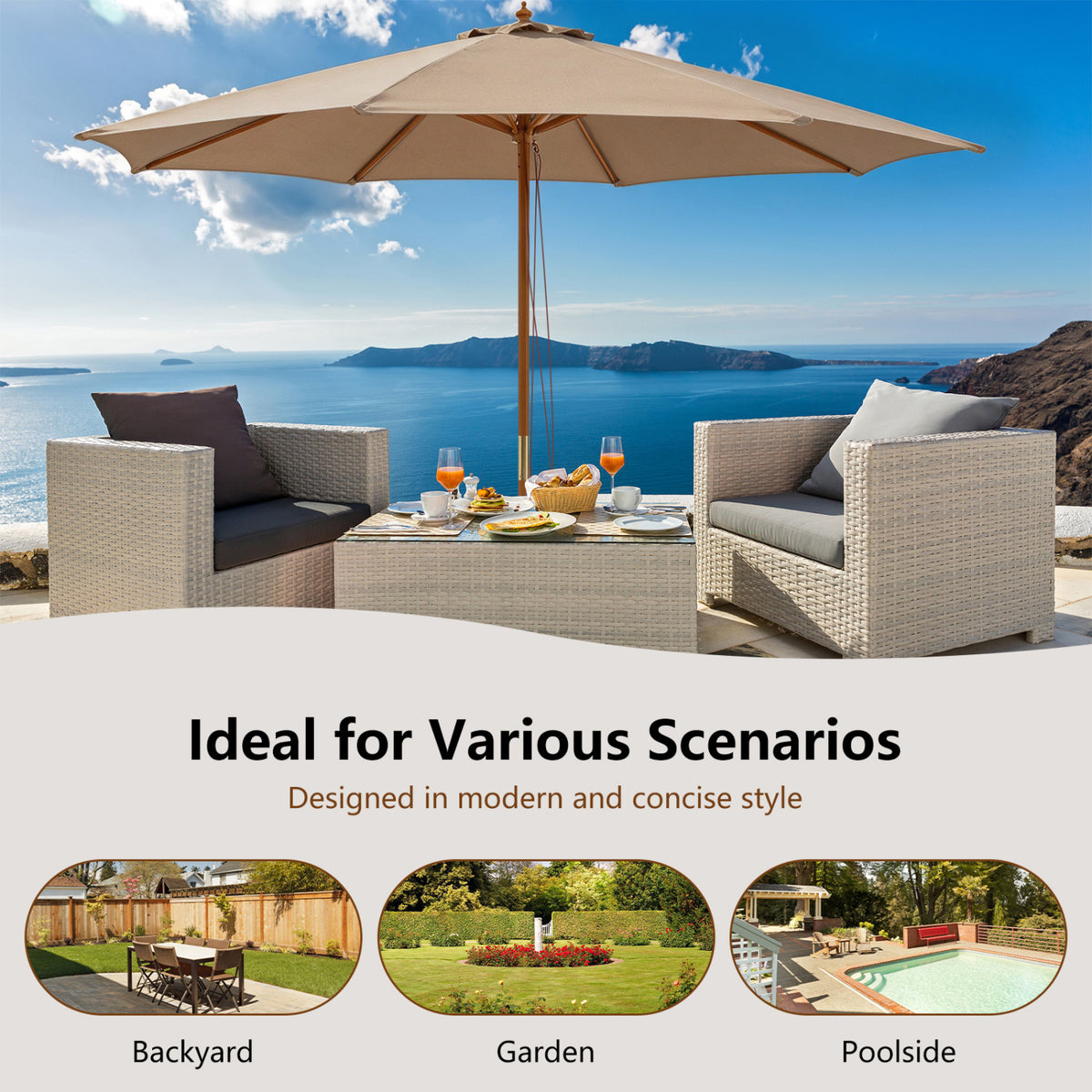 10 Ft Patio Umbrella with Wooden Ribs & Adjustable Height - Brown