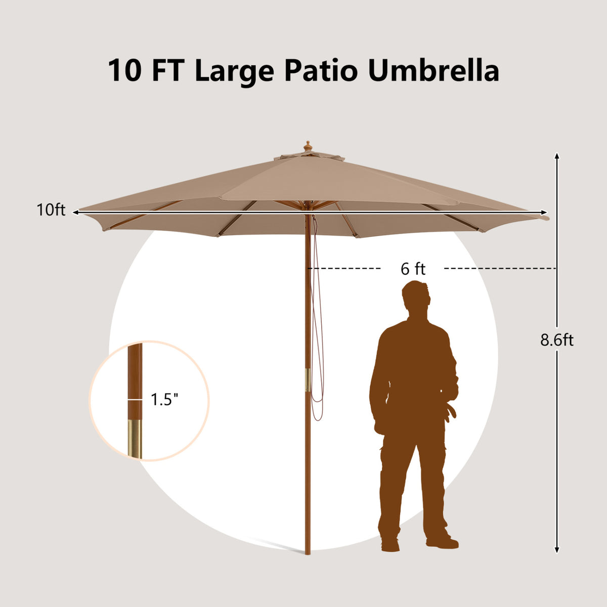 10 Ft Patio Umbrella with Wooden Ribs & Adjustable Height - Brown