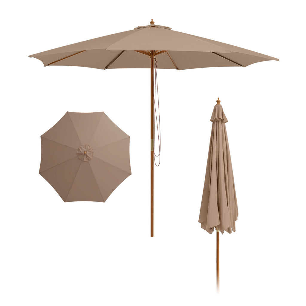 10 Ft Patio Umbrella with Wooden Ribs & Adjustable Height - Brown