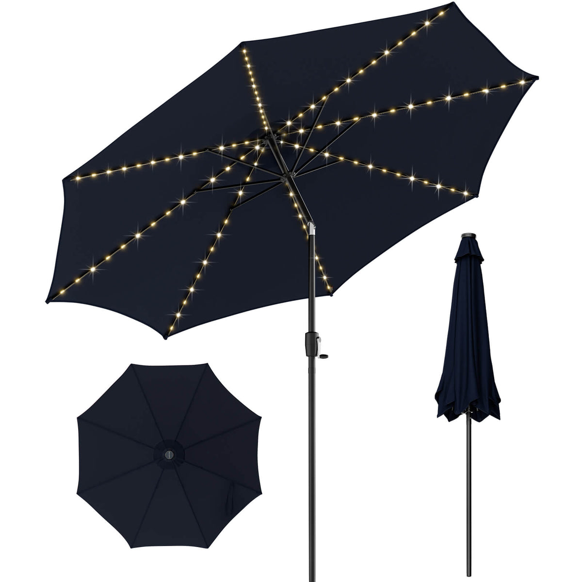 10 FT Patio Umbrella with 112 Solar LED Lights, Navy