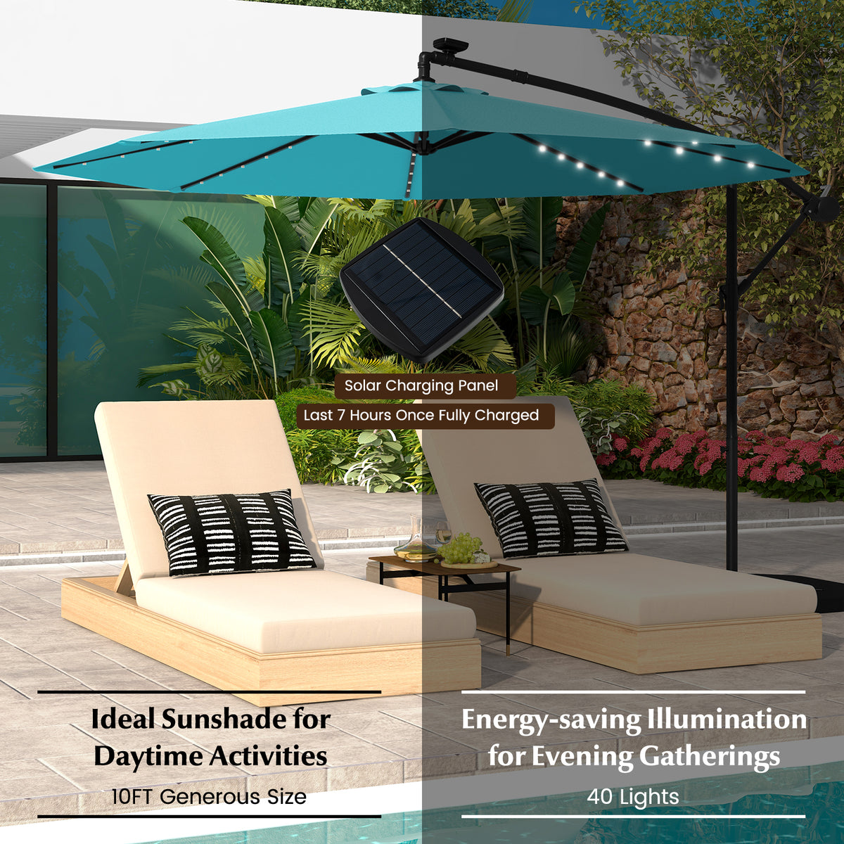 10 Feet Solar Offset Hanging Umbrella with 40 Lamp Beads and Panel