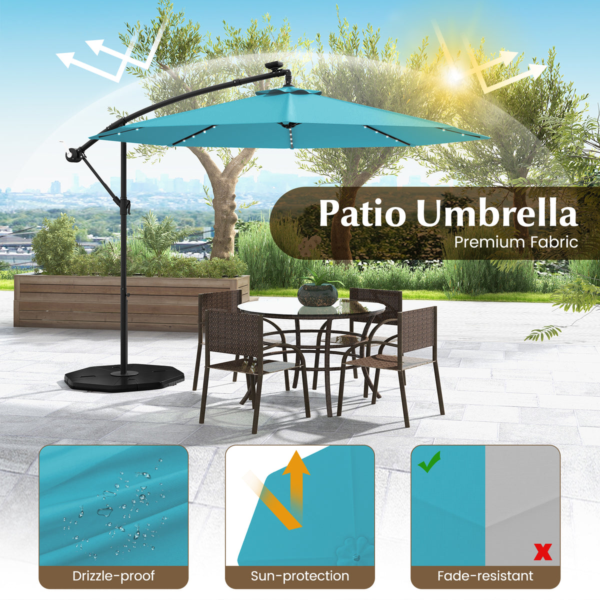 10 Feet Solar Offset Hanging Umbrella with 40 Lamp Beads and Panel