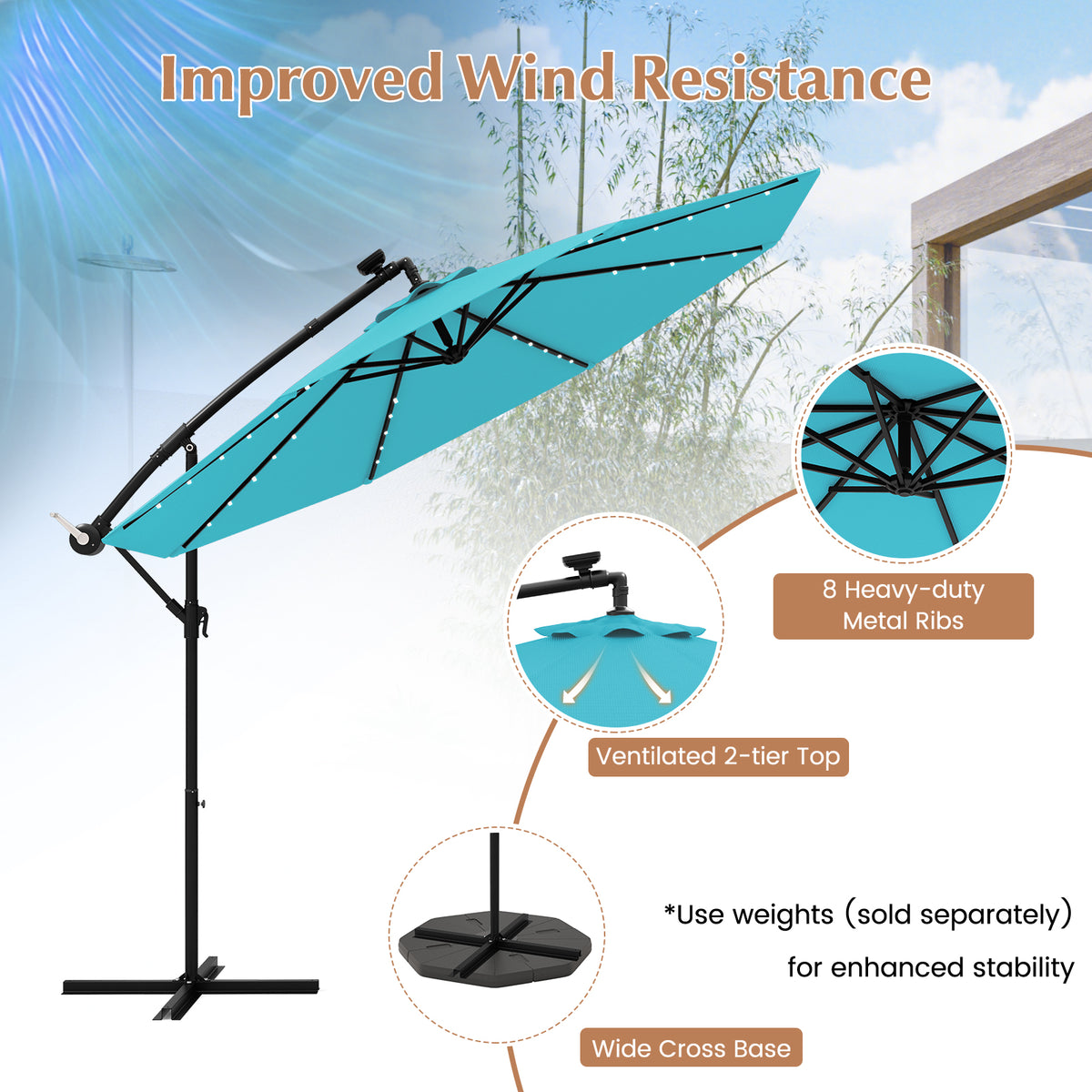 10 Feet Solar Offset Hanging Umbrella with 40 Lamp Beads and Panel