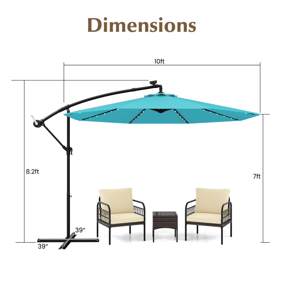 10 Feet Solar Offset Hanging Umbrella with 40 Lamp Beads and Panel