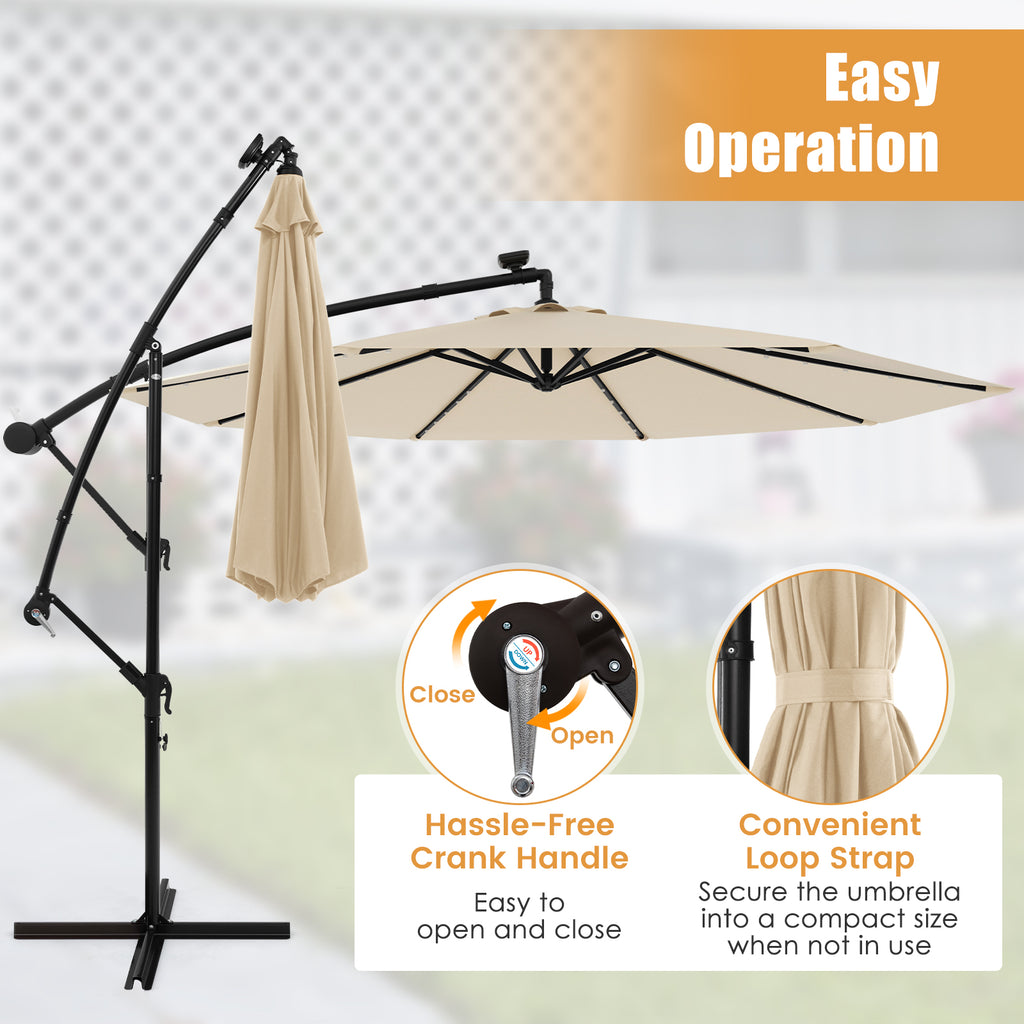 10 x 8.2 Feet Solar Offset Hanging Umbrella with 40 LED Lights, Beige