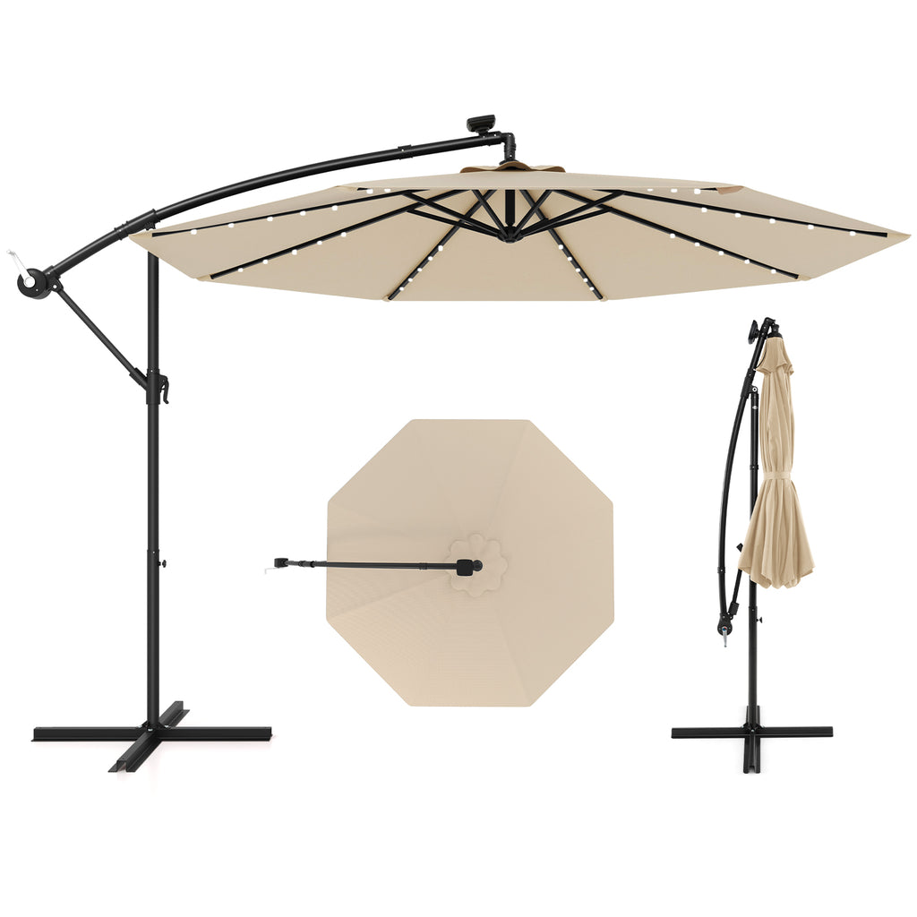 10 x 8.2 Feet Solar Offset Hanging Umbrella with 40 LED Lights, Beige