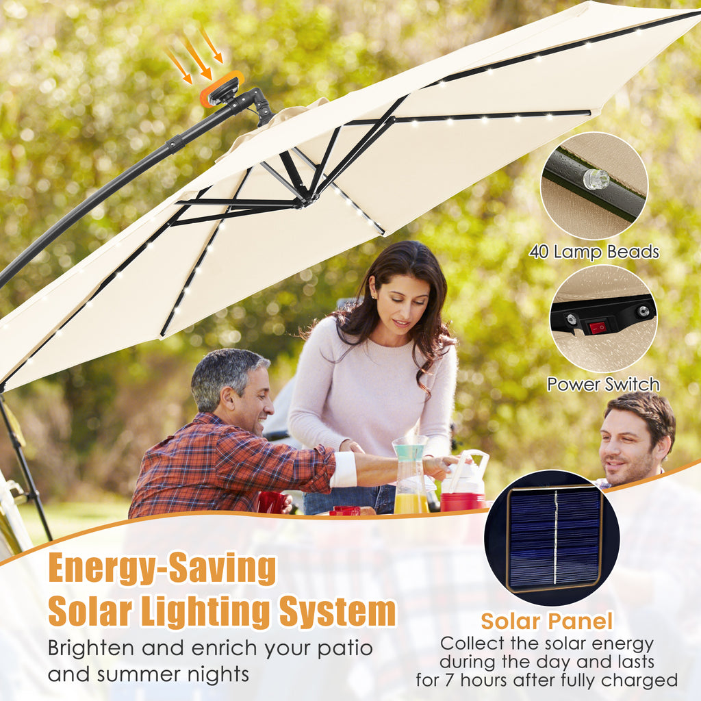 10 x 8.2 Feet Solar Offset Hanging Umbrella with 40 LED Lights, Beige