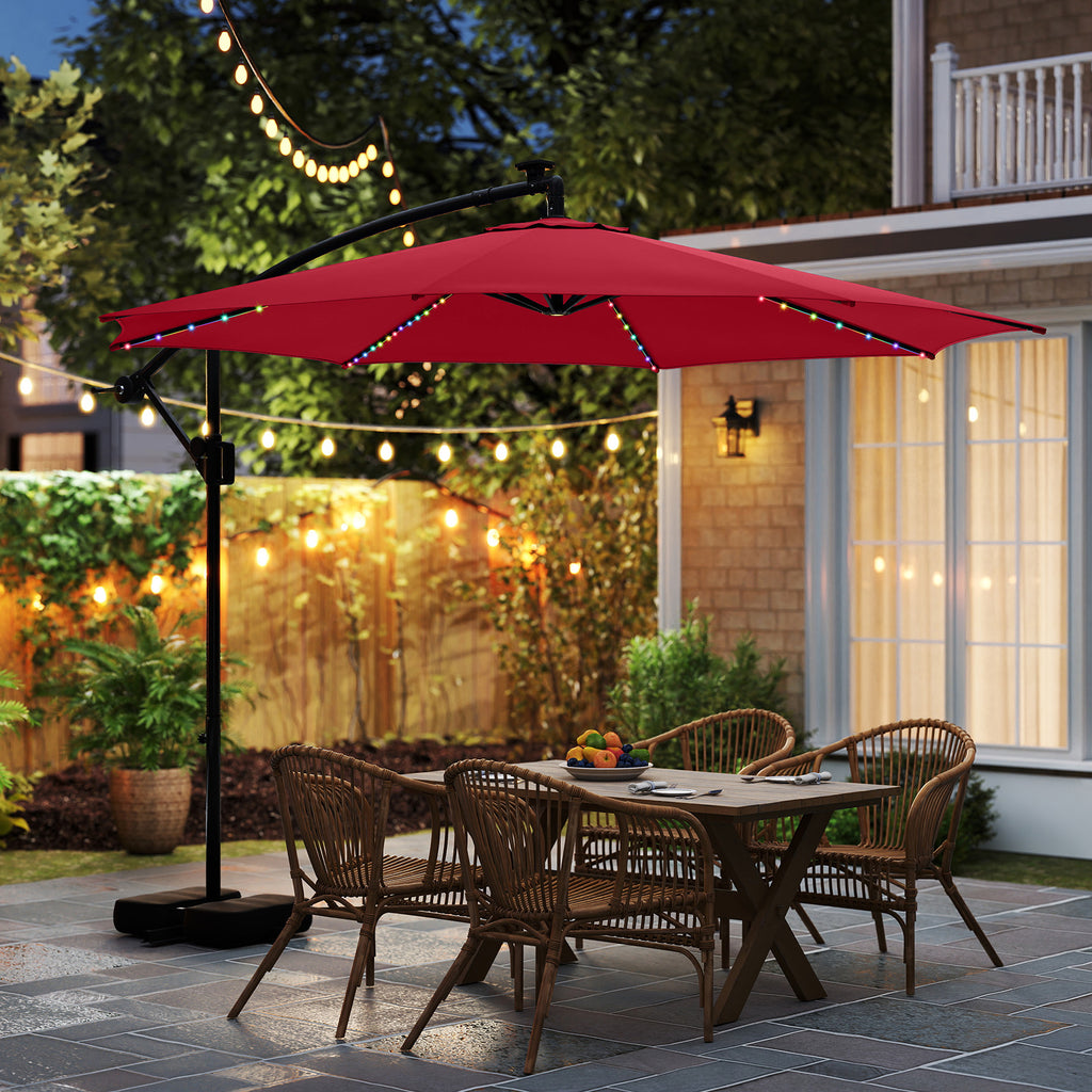 10 Ft Solar Offset Hanging Umbrella with LED Lights - Red