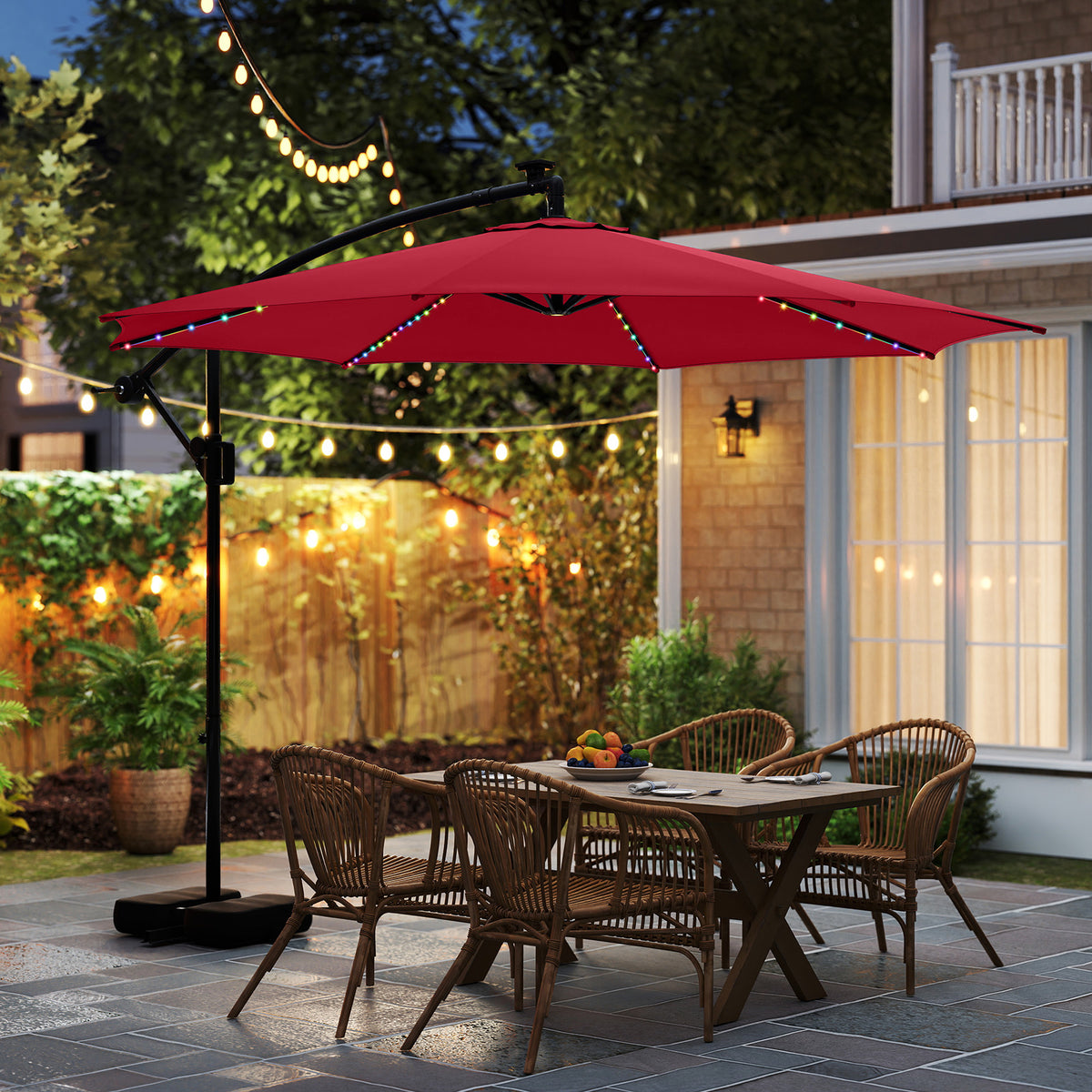 10 Ft Solar Offset Hanging Umbrella with LED Lights - Red