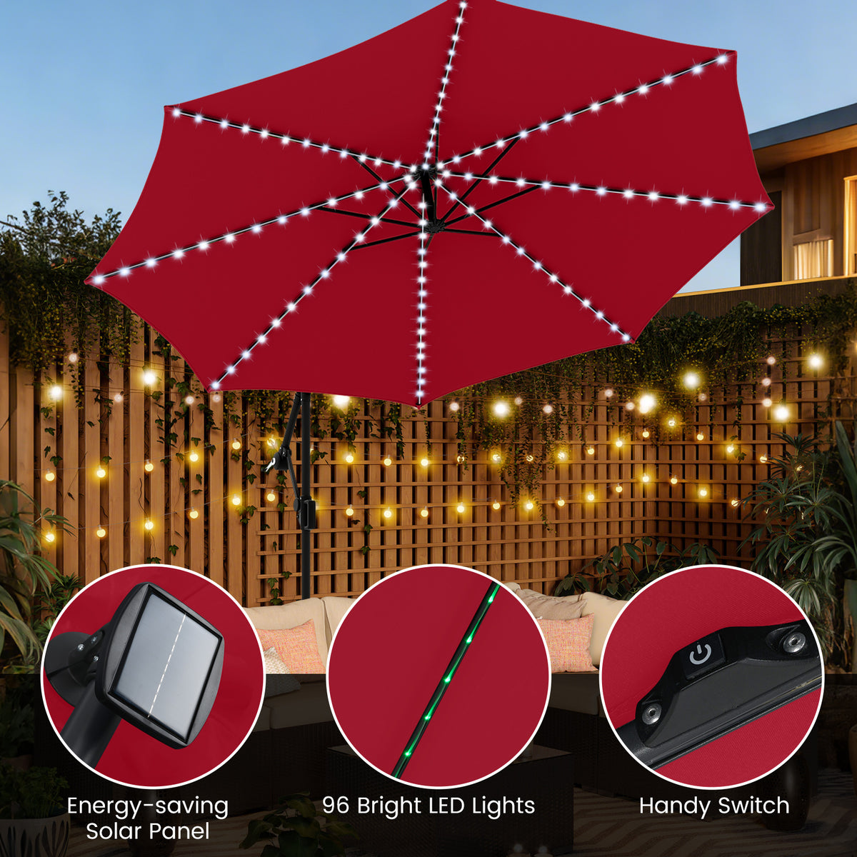 10 Ft Solar Offset Hanging Umbrella with LED Lights - Red