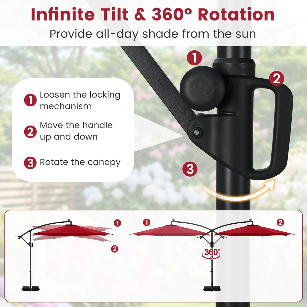 10 Ft Solar Offset Hanging Umbrella with LED Lights - Red