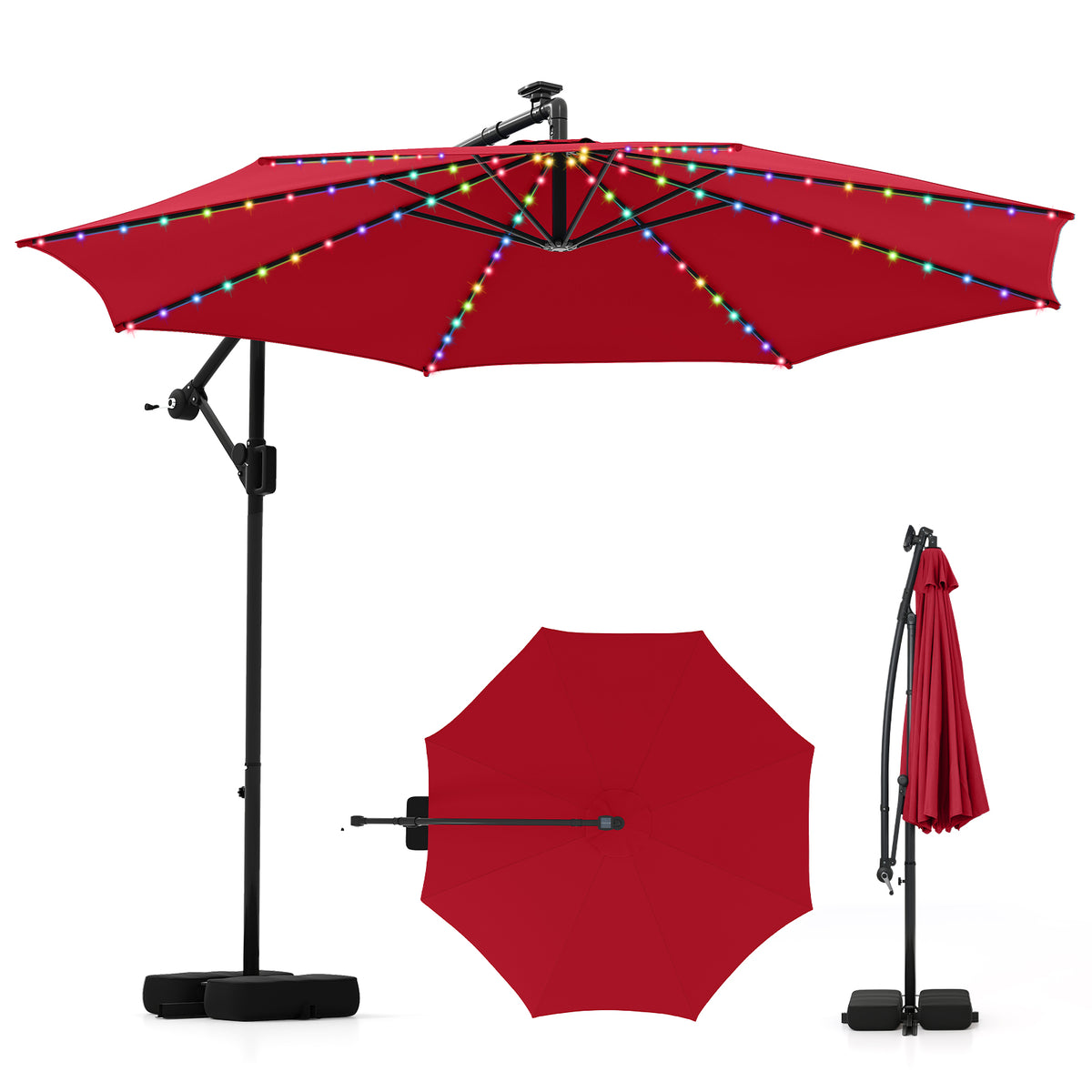 10 Ft Solar Offset Hanging Umbrella with LED Lights - Red