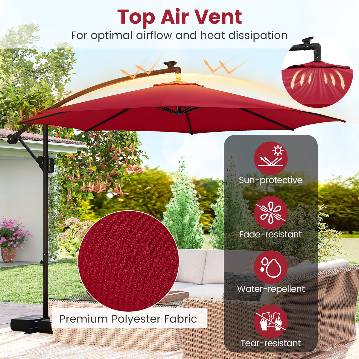 10 Ft Solar Offset Hanging Umbrella with LED Lights - Red