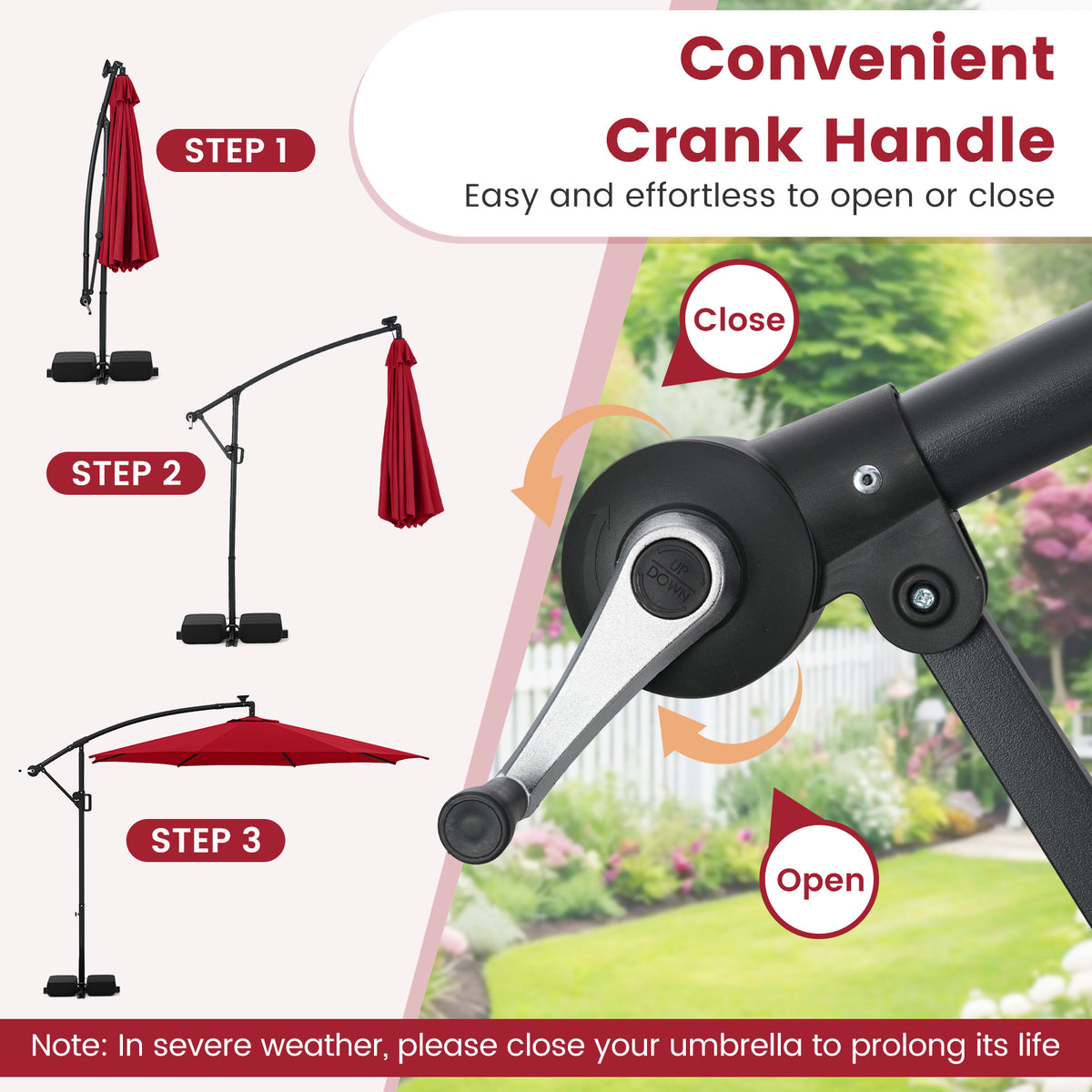 10 Ft Solar Offset Hanging Umbrella with LED Lights - Red