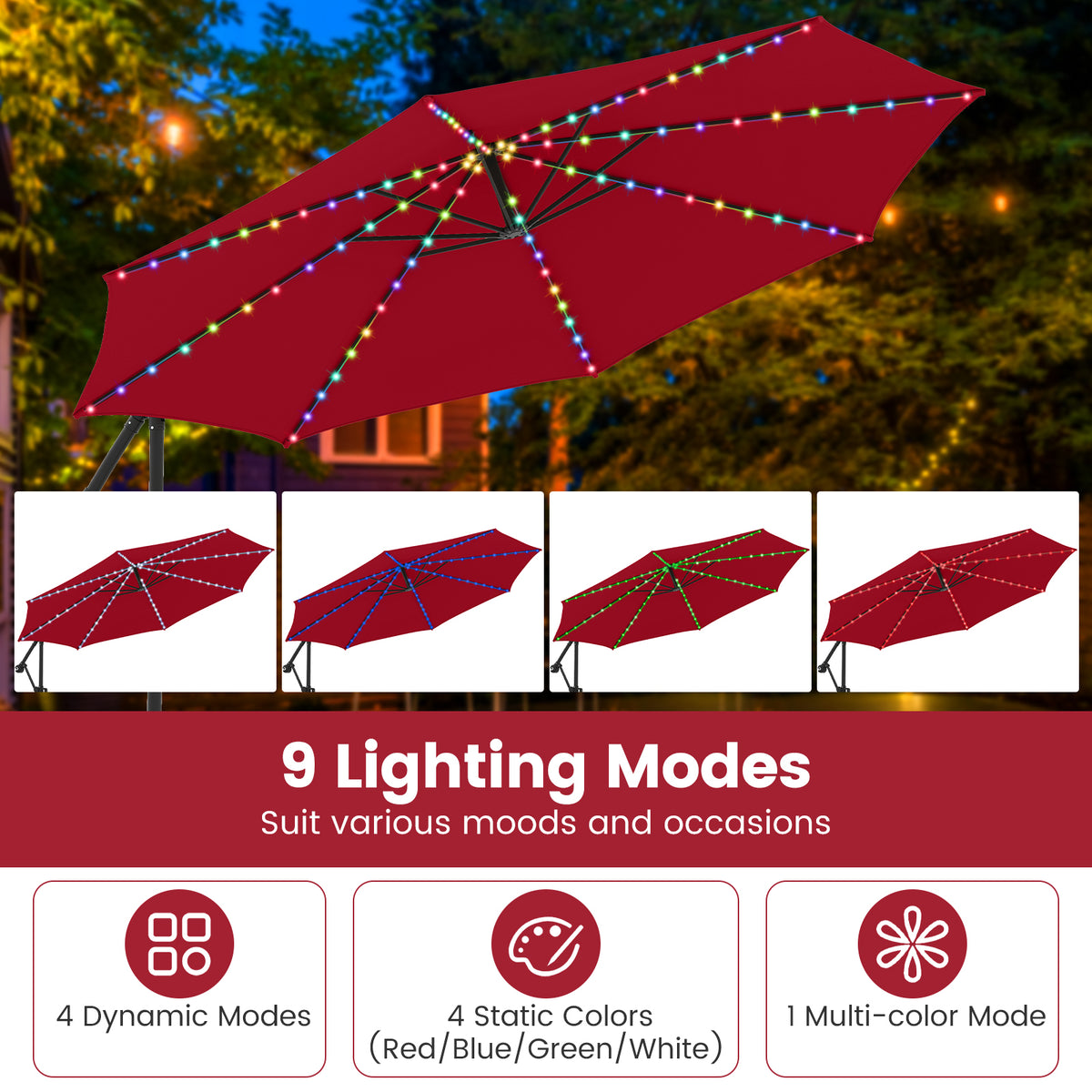 10 Ft Solar Offset Hanging Umbrella with LED Lights - Red
