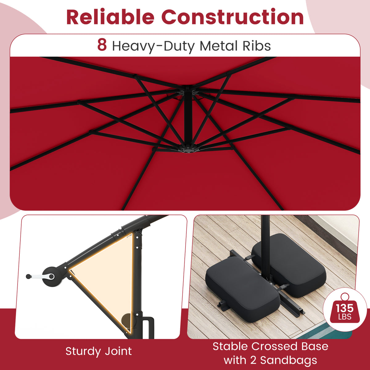 10 Ft Solar Offset Hanging Umbrella with LED Lights - Red