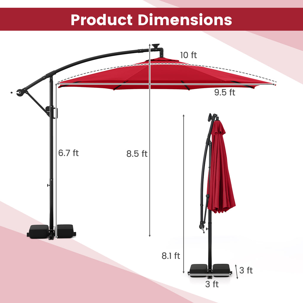 10 Ft Solar Offset Hanging Umbrella with LED Lights - Red