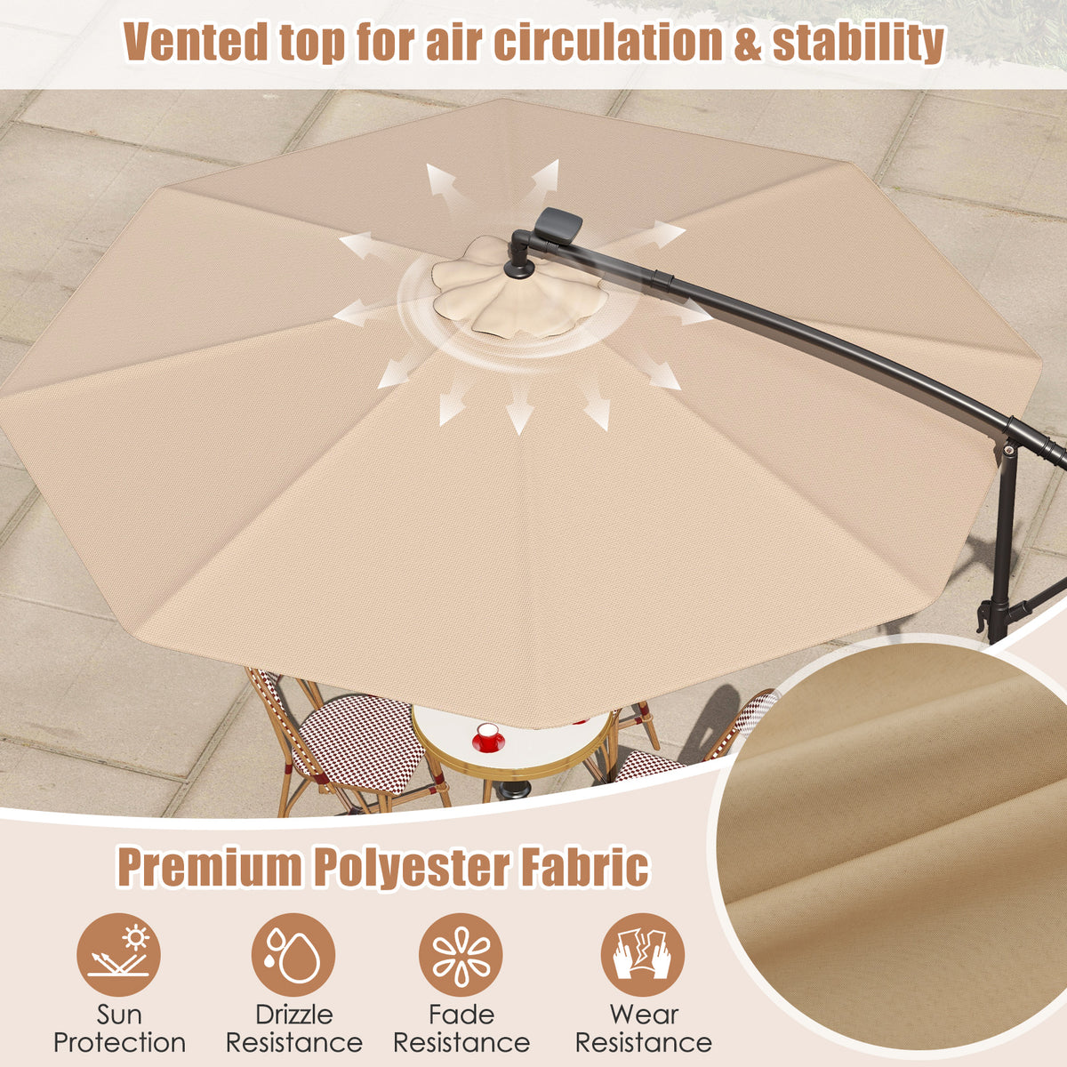 10 Feet Solar Offset Hanging Umbrella with 40 Lamp Beads and Panel
