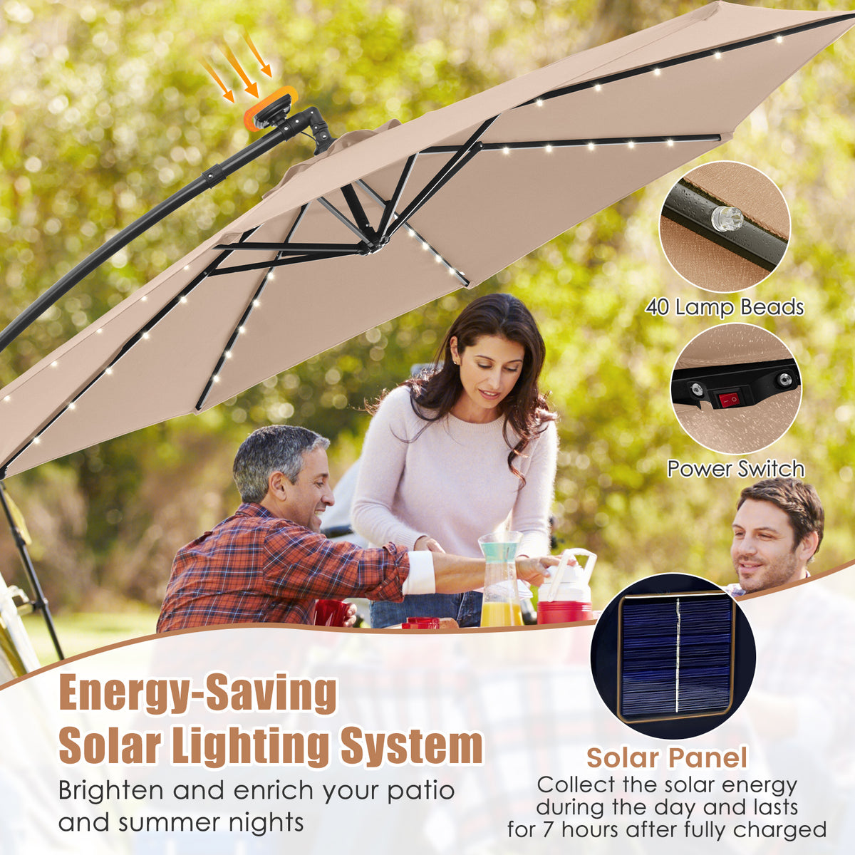 10 Feet Solar Offset Hanging Umbrella with 40 Lamp Beads and Panel