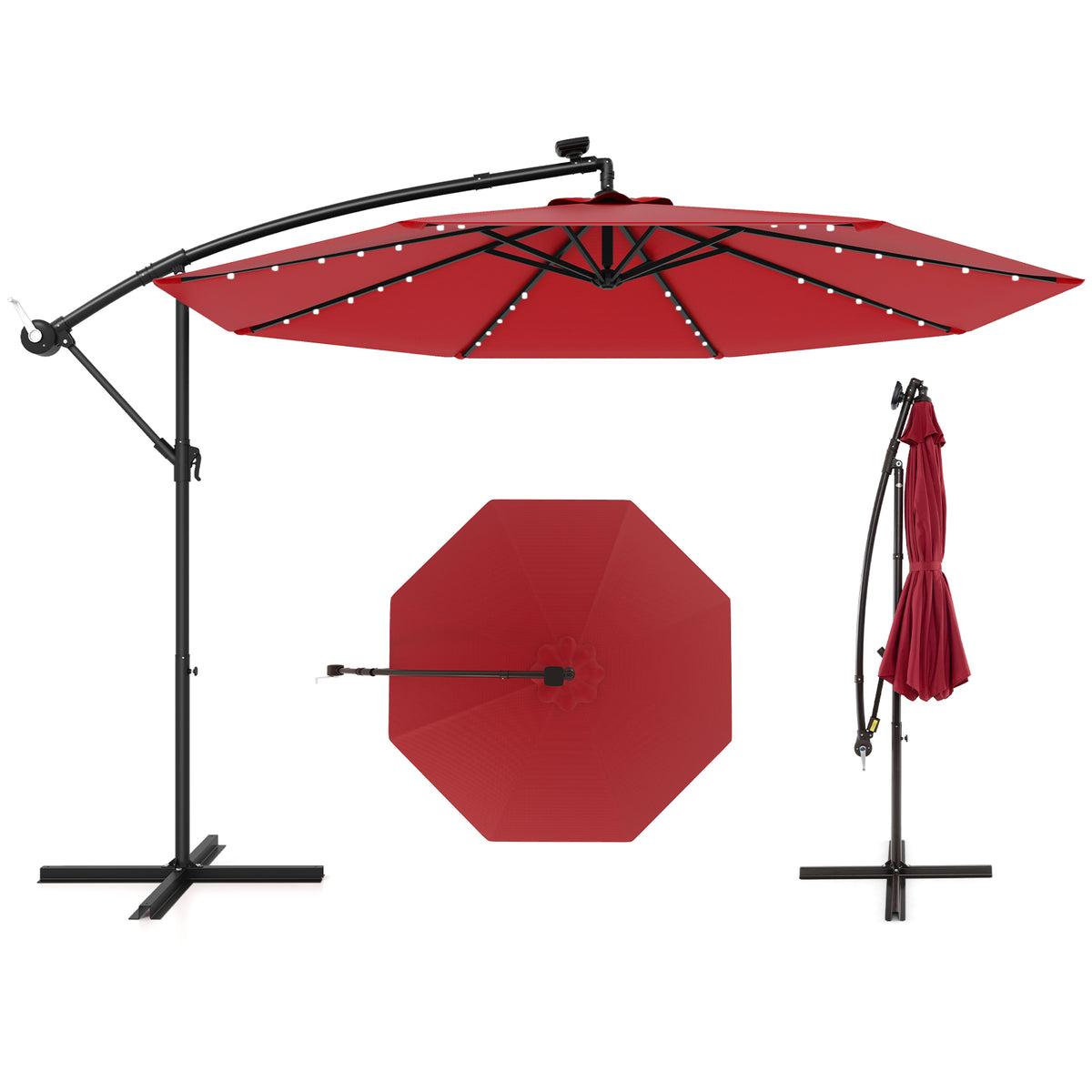 10 Feet Solar Offset Hanging Umbrella with 40 Lamp Beads and Panel