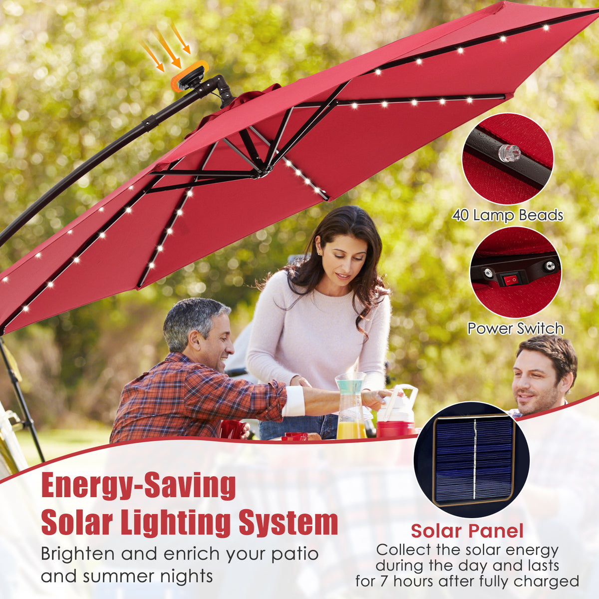 10 Feet Solar Offset Hanging Umbrella with 40 Lamp Beads and Panel