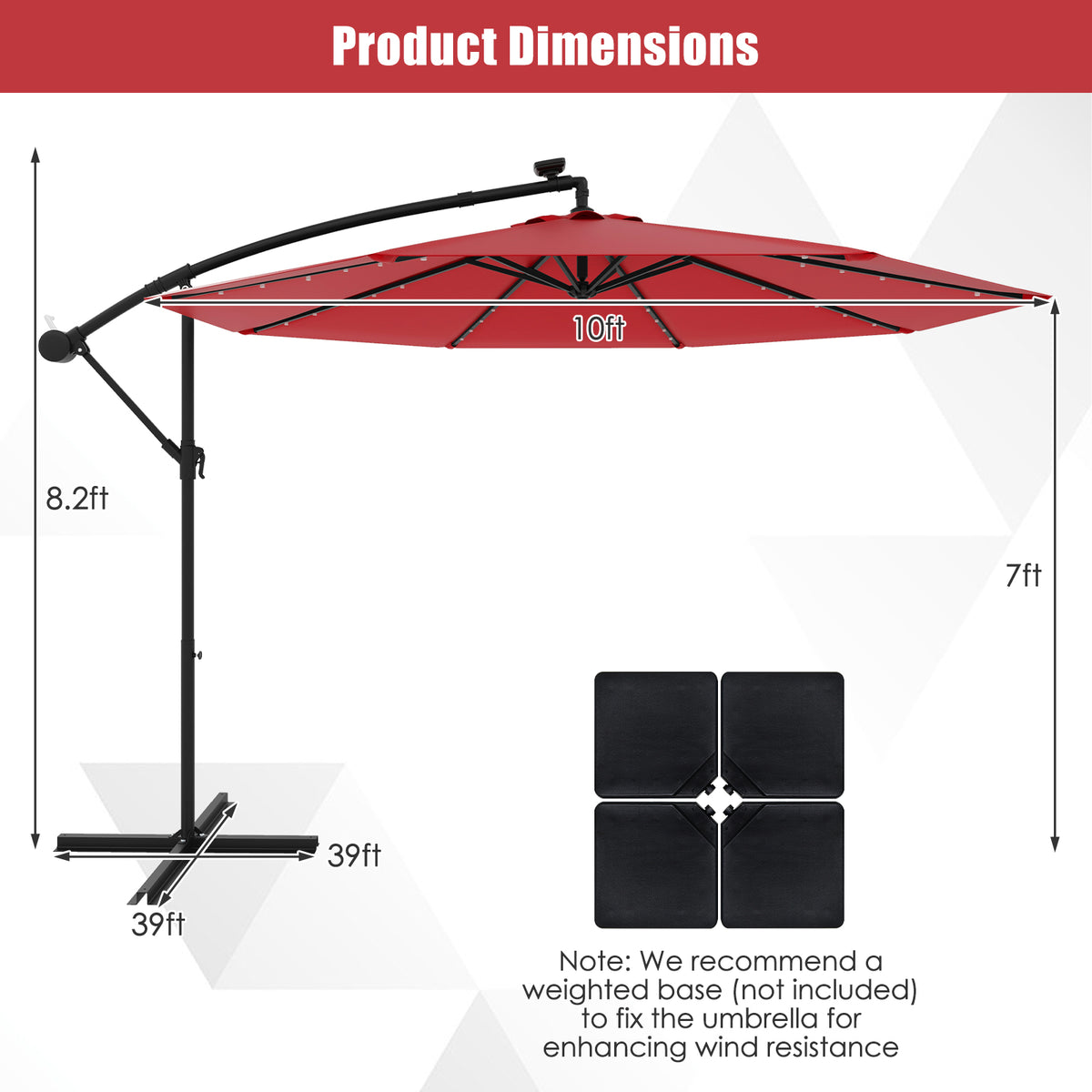 10 Feet Solar Offset Hanging Umbrella with 40 Lamp Beads and Panel
