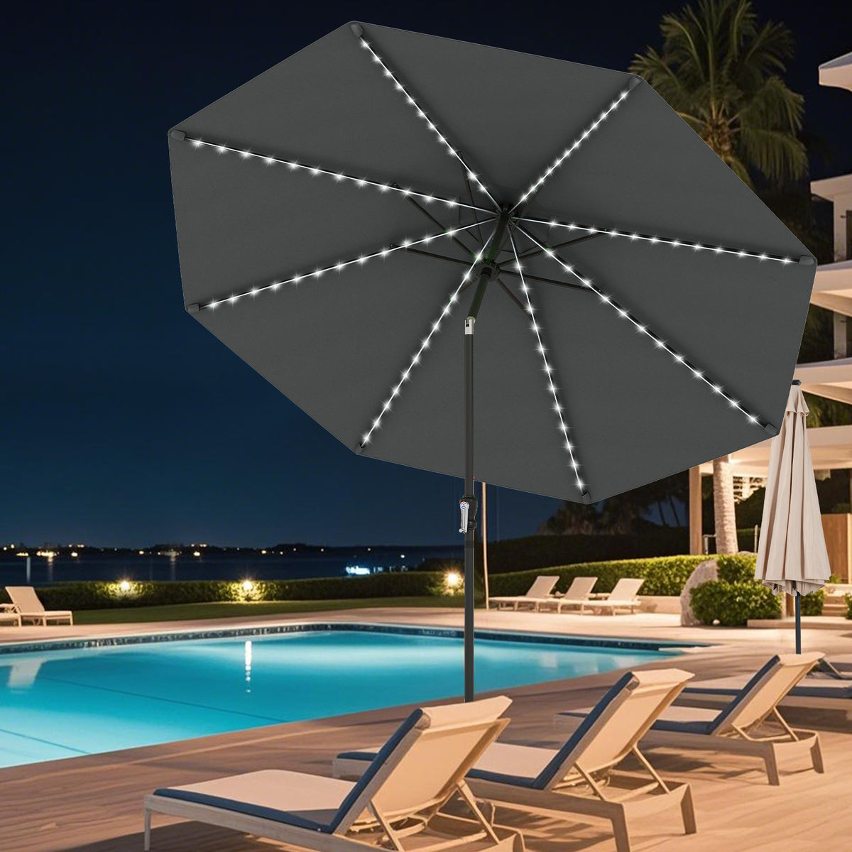 10 Ft Solar Patio Umbrella with 96 LED Lights & Tilt - Gray